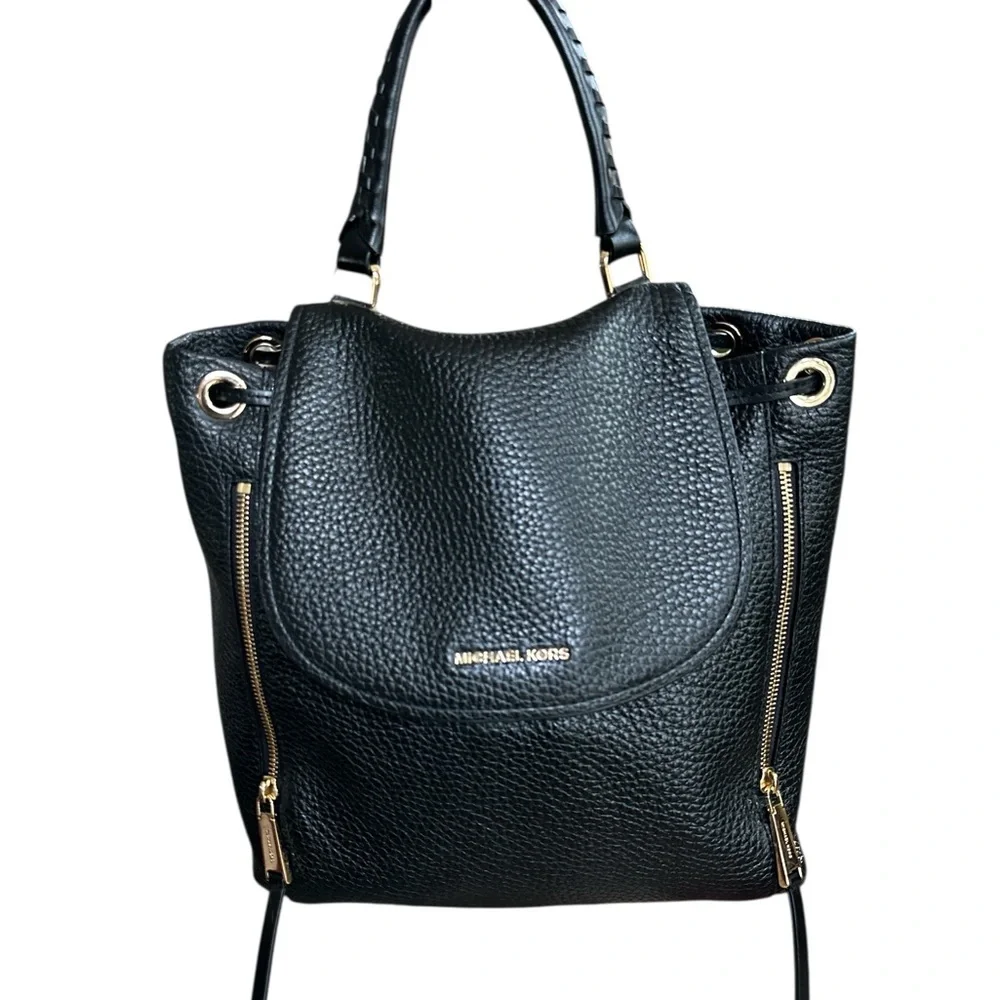 Michael Kors Black Pebbled Leather 2-Way Backpack Satchel • NWOT • Luxe Gold